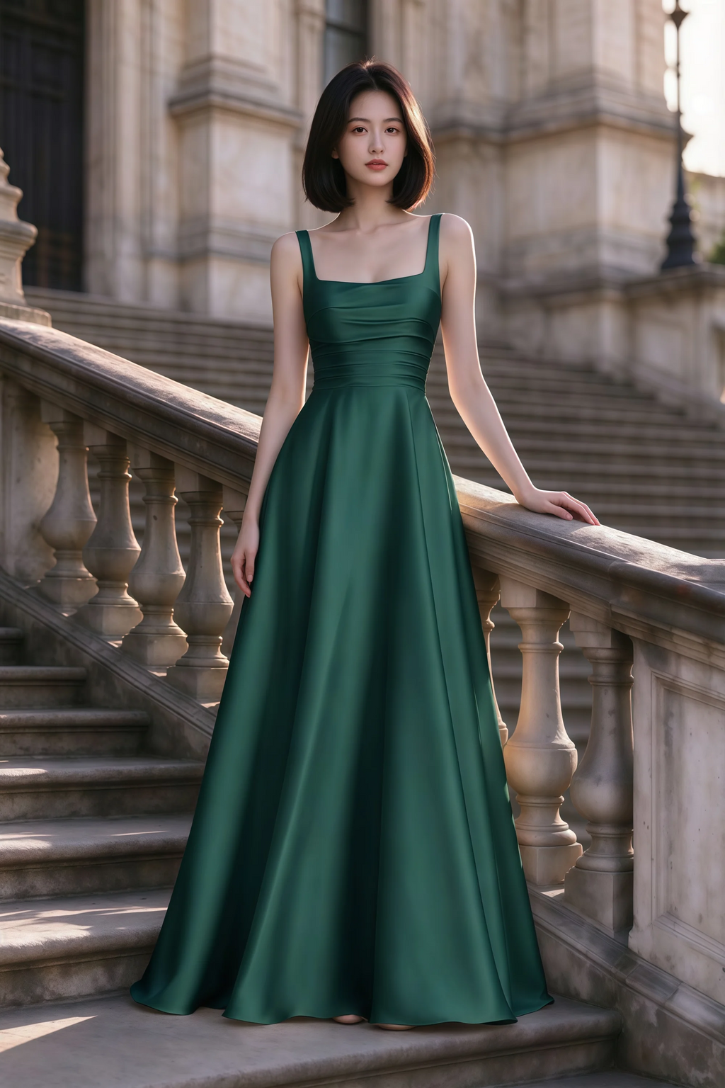 Outdoor front view of Becky hunter green satin maxi dress on stone steps with a floor-length A-line skirt