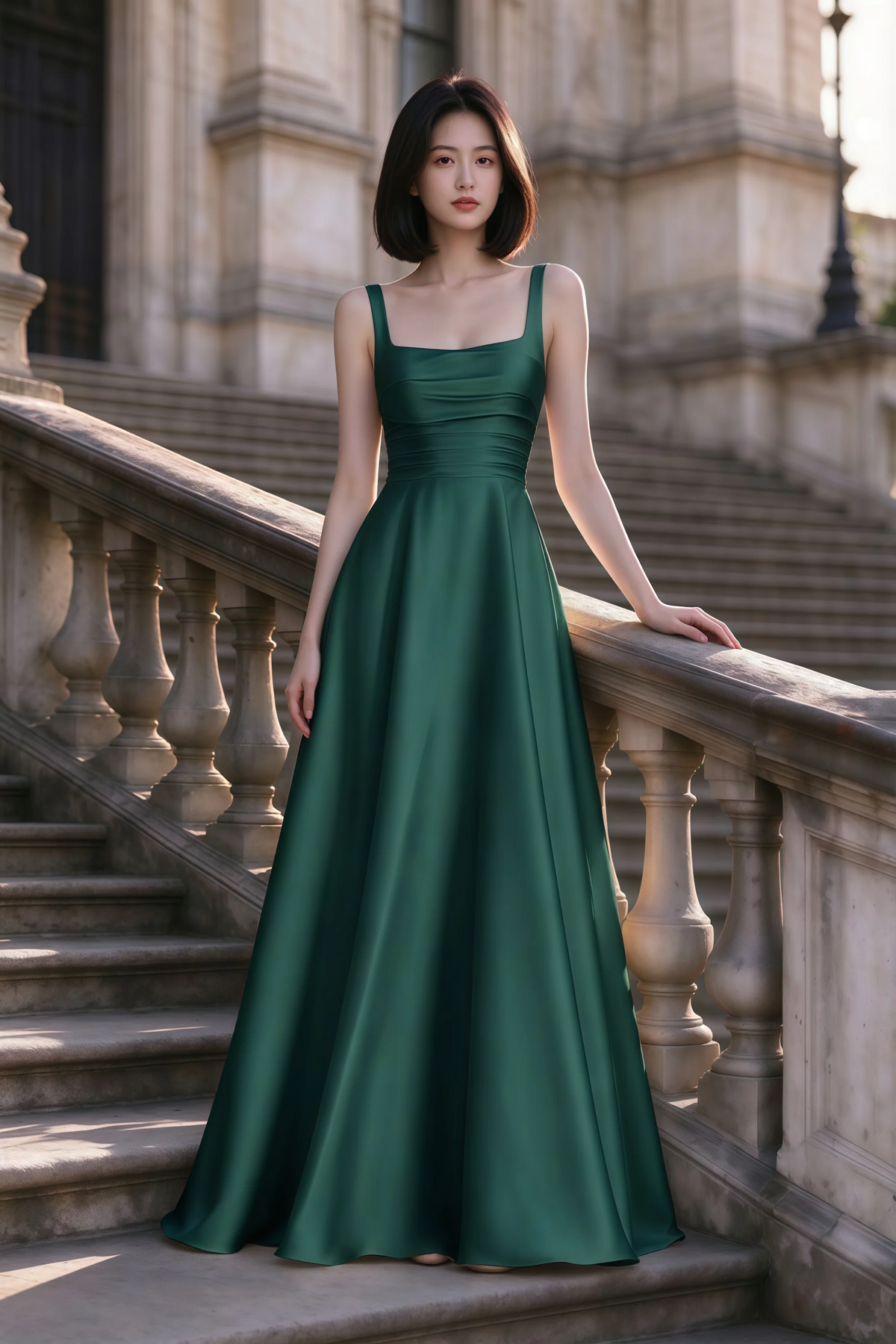 Outdoor front view of Becky hunter green satin maxi dress on stone steps with a floor-length A-line skirt