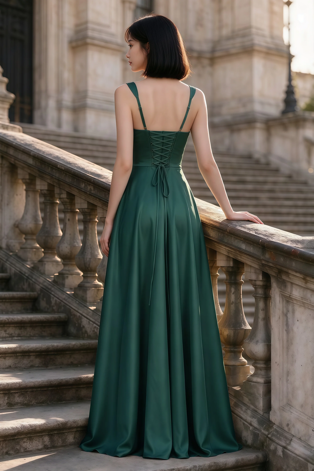Outdoor rear view of Becky hunter green satin maxi dress showing adjustable straps and the lace-up back