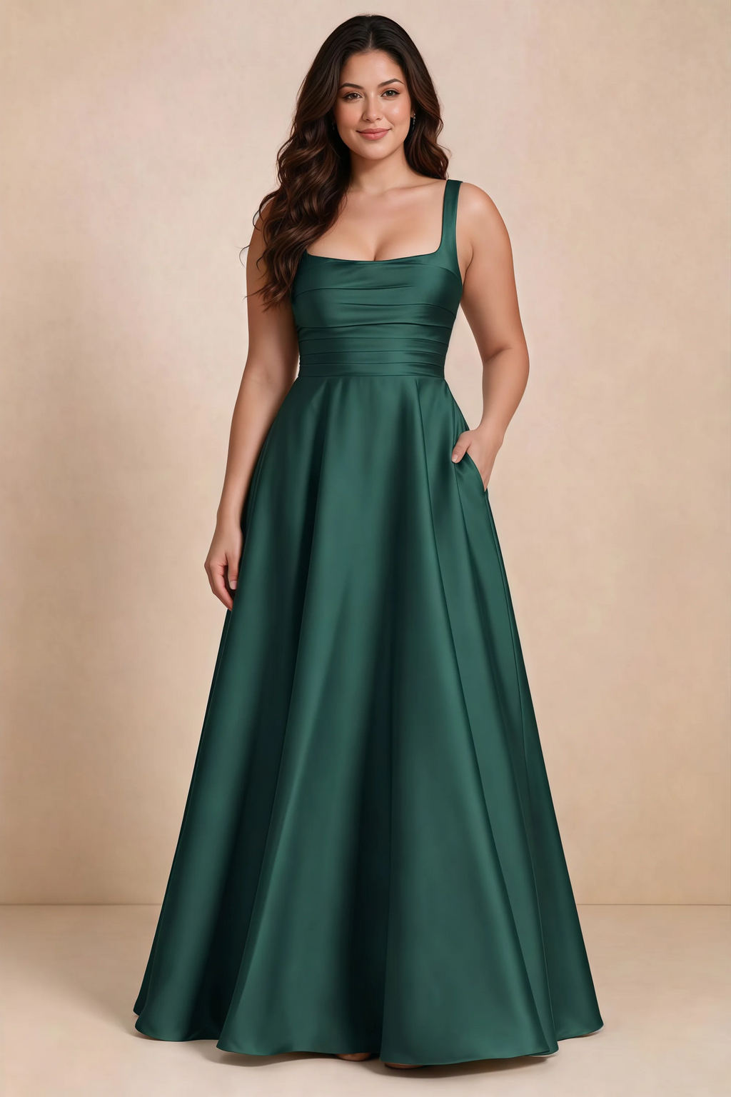 Front studio view of Becky hunter green satin maxi dress showing the defined waist and flowing skirt
