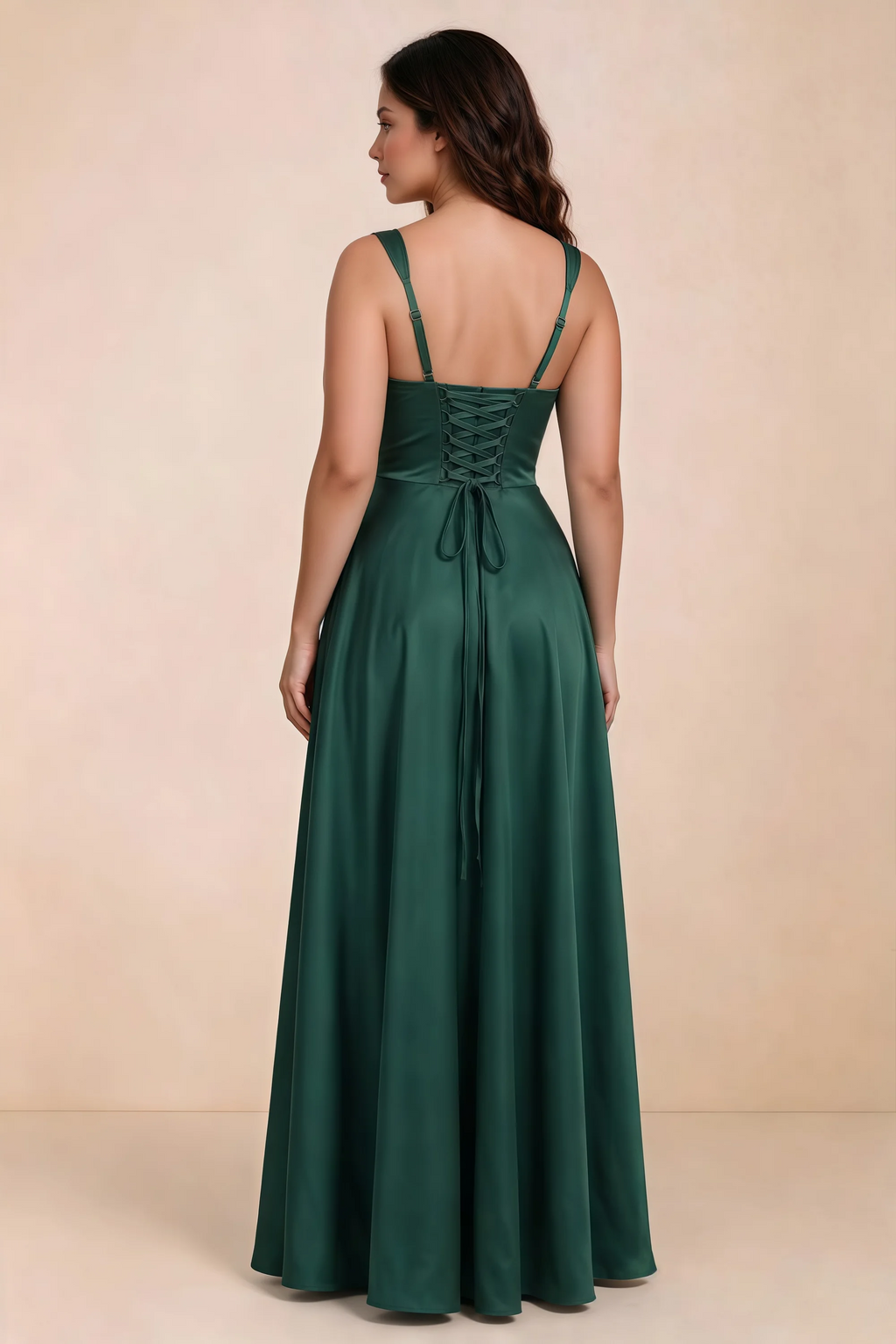 Rear studio view of Becky hunter green satin maxi dress showing crossed back lacing above the full skirt