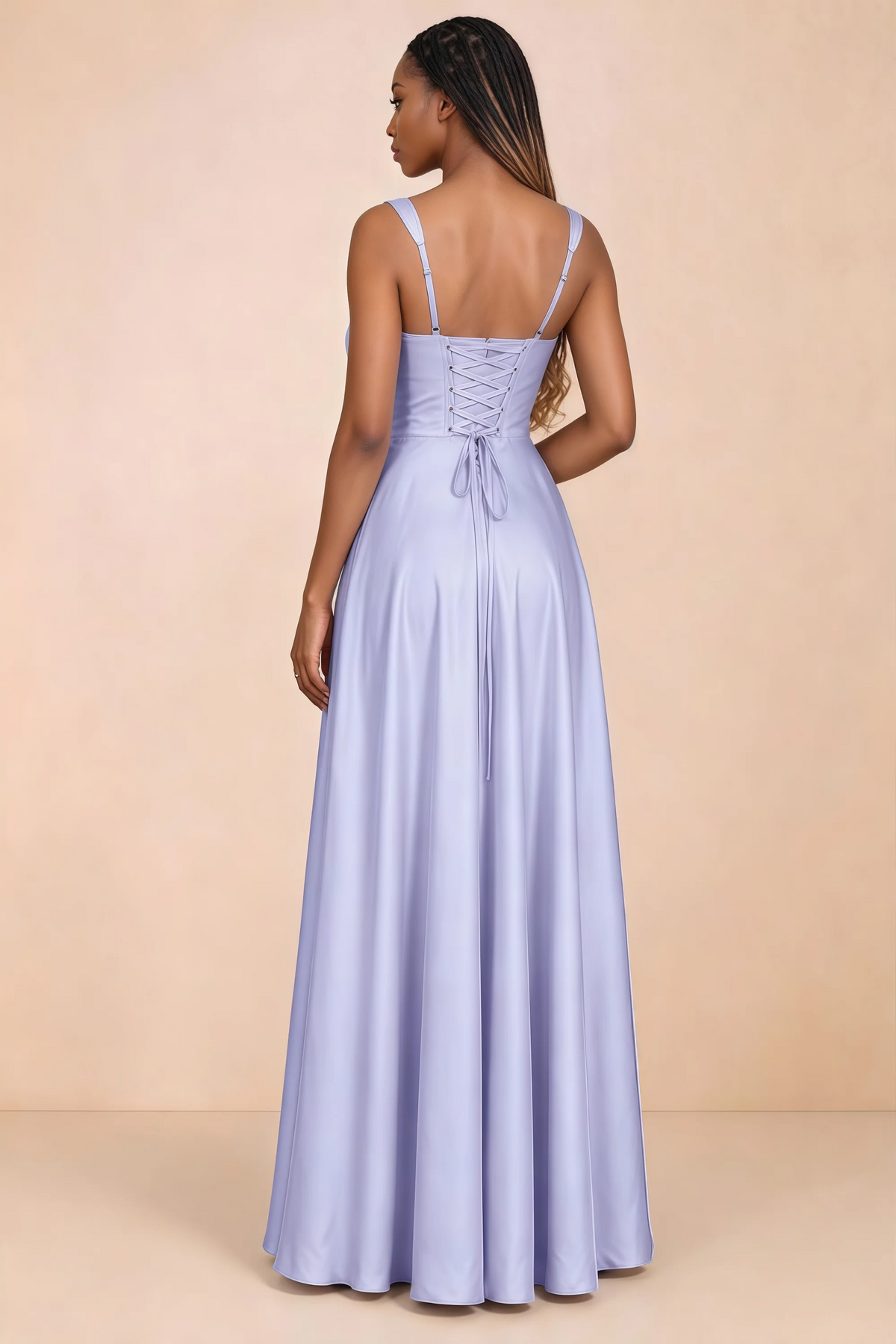 Back studio view of Becky lavender satin maxi dress showing shoulder straps and waist-length lacing