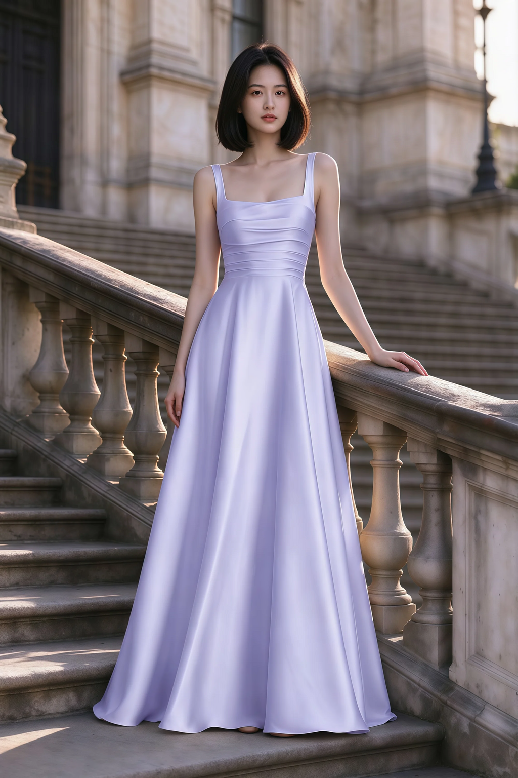 Outdoor front view of Becky lavender satin maxi dress on stone steps with a floor-length A-line skirt