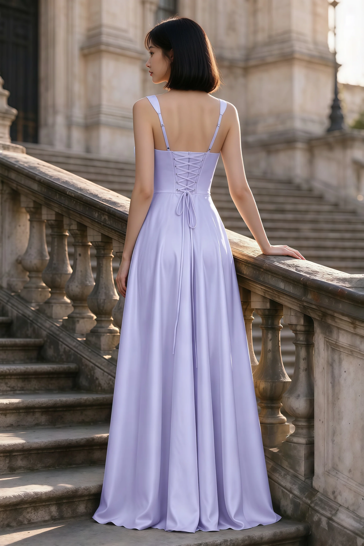 Outdoor rear view of Becky lavender satin maxi dress showing adjustable straps and the lace-up back