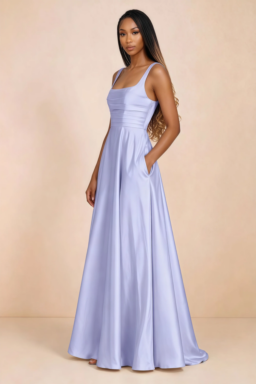 Three-quarter studio view of Becky lavender satin maxi dress with a hand resting in the side pocket