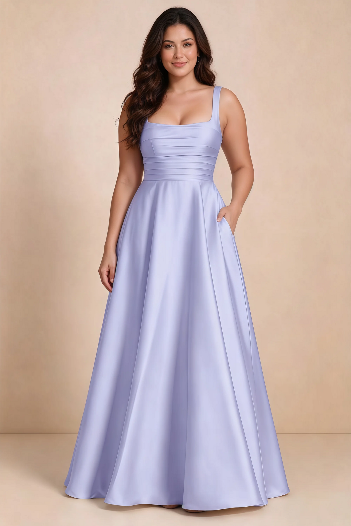 Front studio view of Becky lavender satin maxi dress showing the defined waist and flowing skirt
