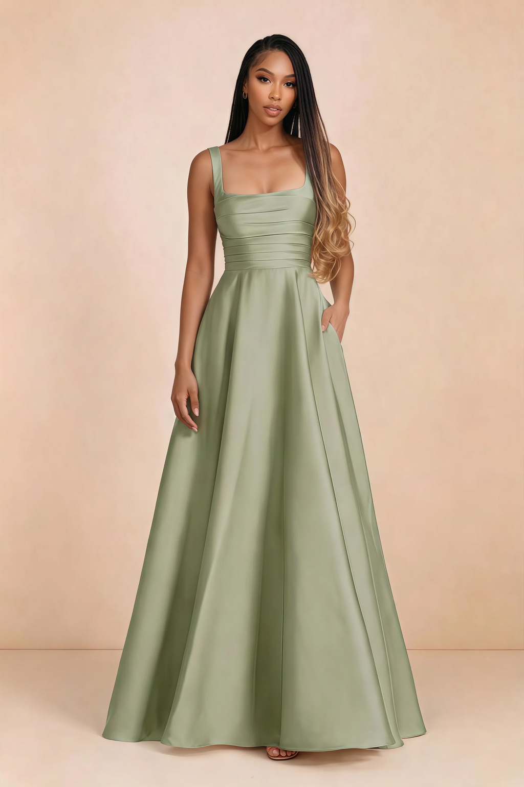 Front studio view of Becky light green satin maxi dress showing the square neckline, pleated bodice and full A-line skirt