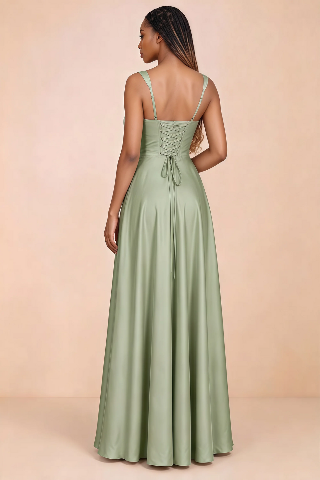 Back studio view of Becky light green satin maxi dress showing shoulder straps and waist-length lacing