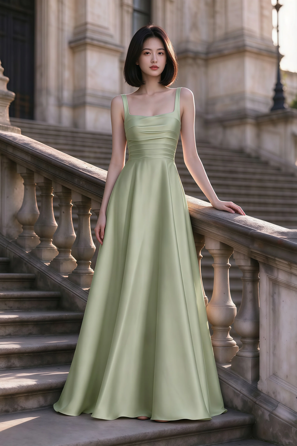 Outdoor front view of Becky light green satin maxi dress on stone steps with a floor-length A-line skirt