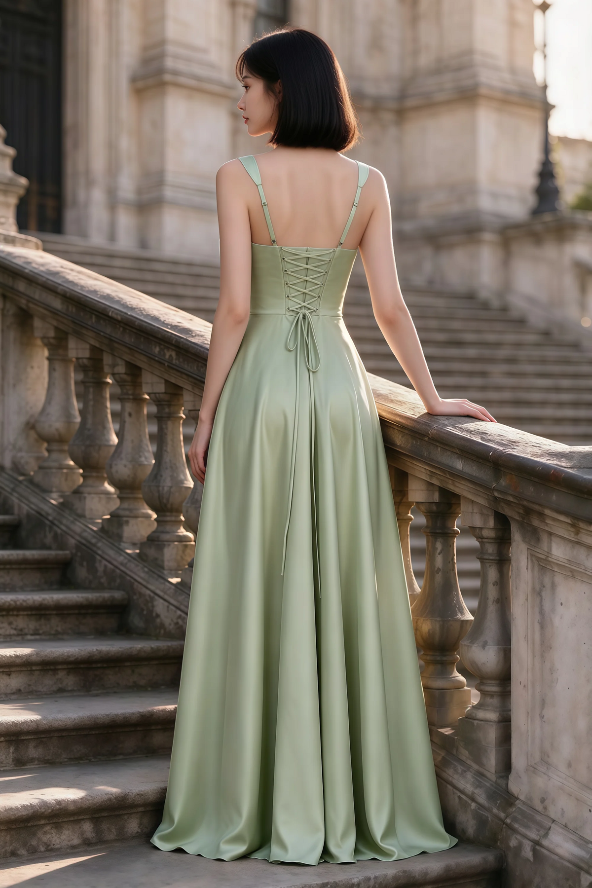 Outdoor rear view of Becky light green satin maxi dress showing adjustable straps and the lace-up back