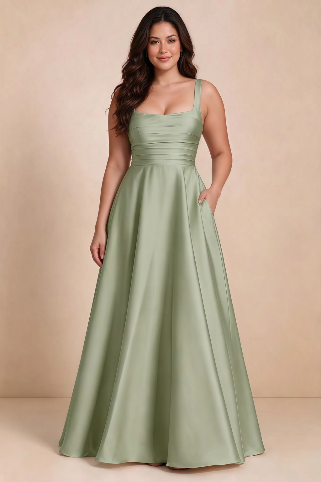 Front studio view of Becky light green satin maxi dress showing the defined waist and flowing skirt