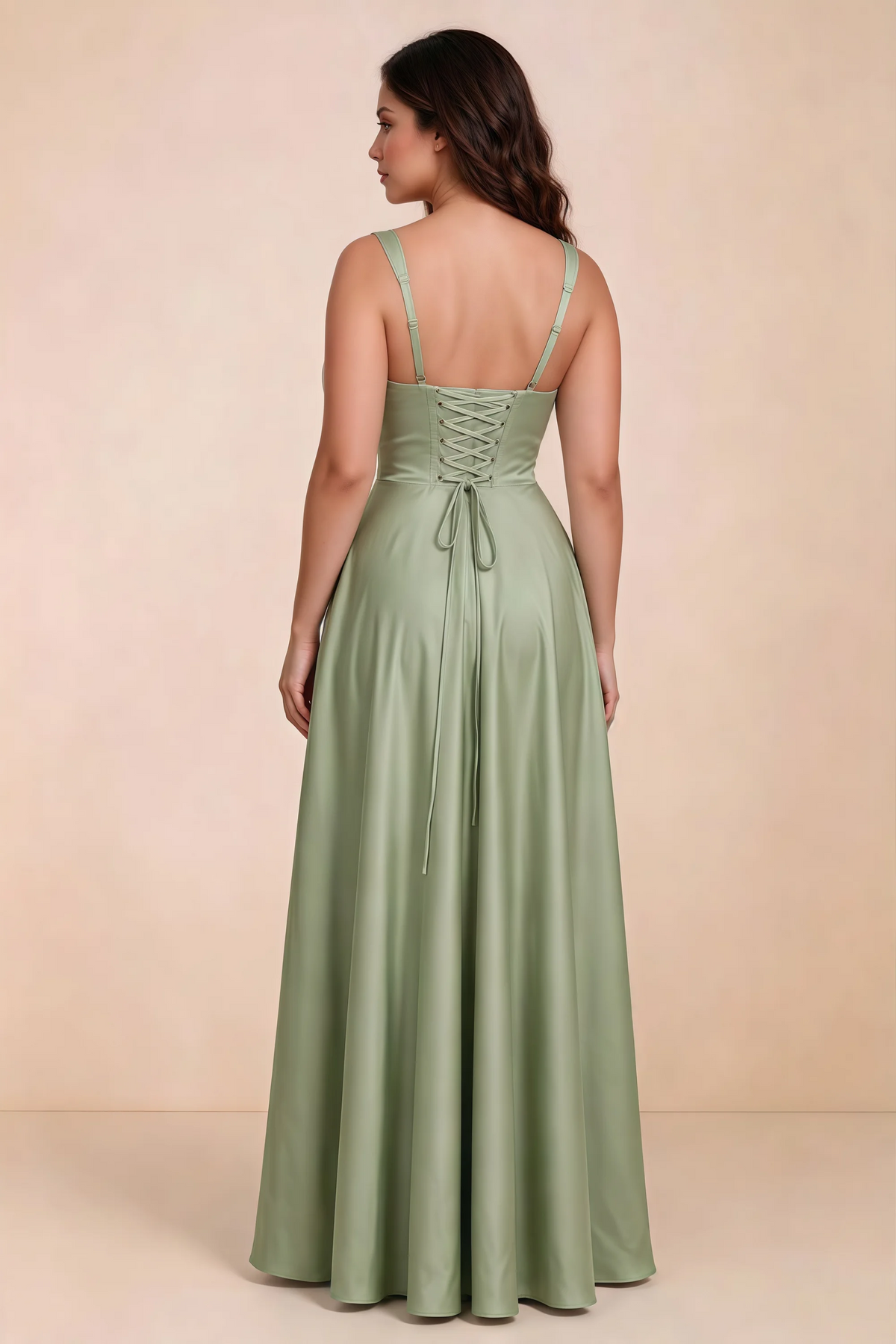Rear studio view of Becky light green satin maxi dress showing crossed back lacing above the full skirt