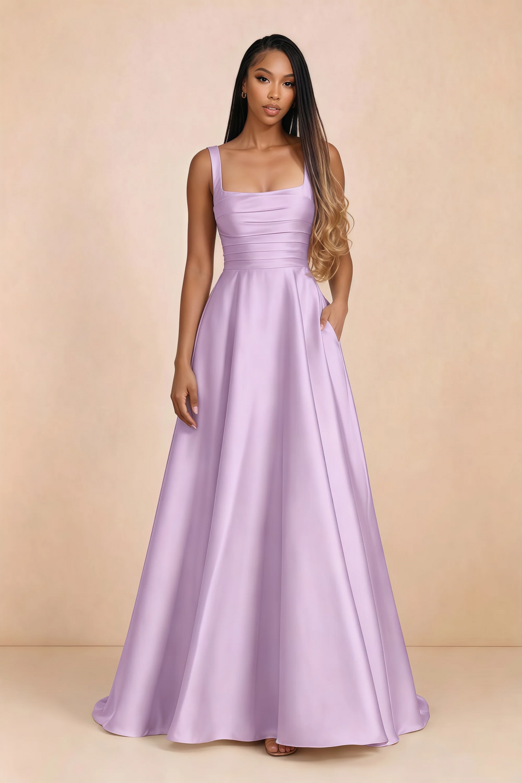 Front studio view of Becky lilac satin maxi dress showing the square neckline, pleated bodice and full A-line skirt