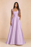 Front studio view of Becky lilac satin maxi dress showing the square neckline, pleated bodice and full A-line skirt