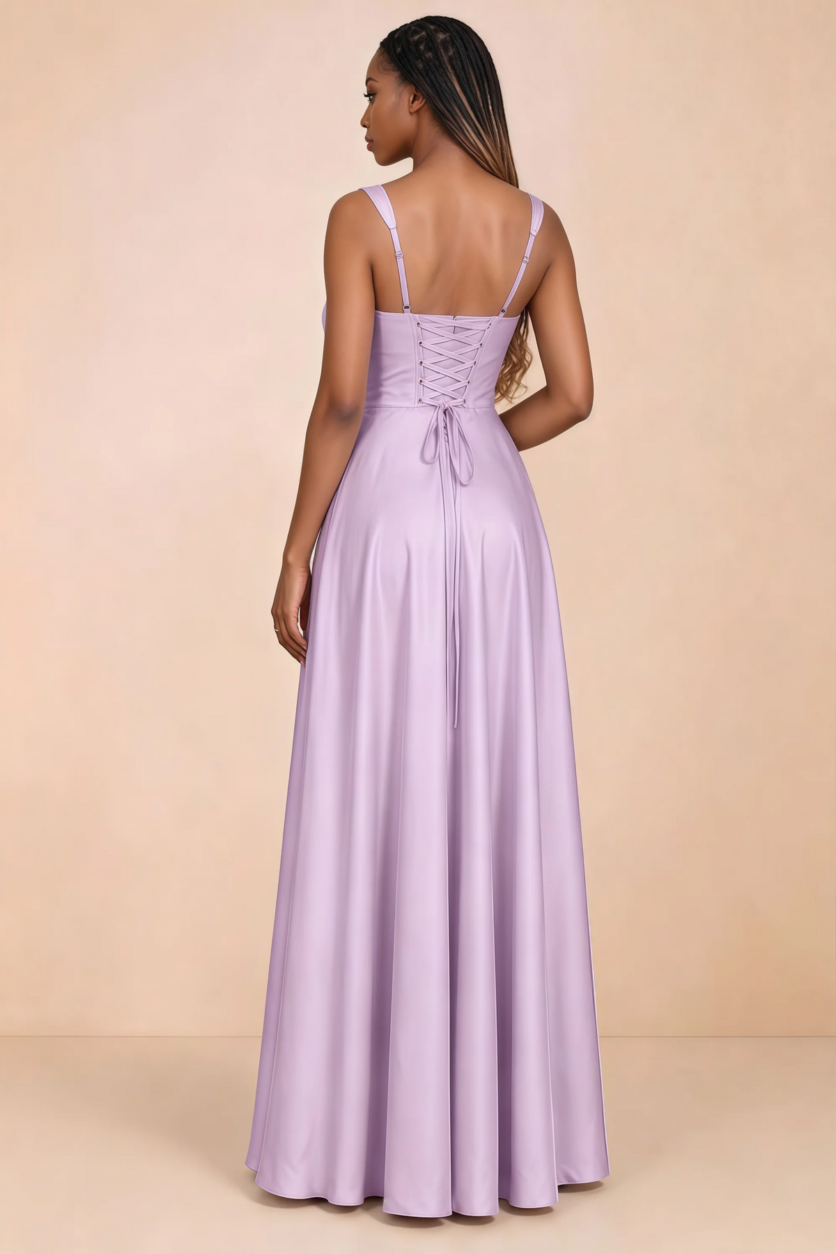 Back studio view of Becky lilac satin maxi dress showing shoulder straps and waist-length lacing