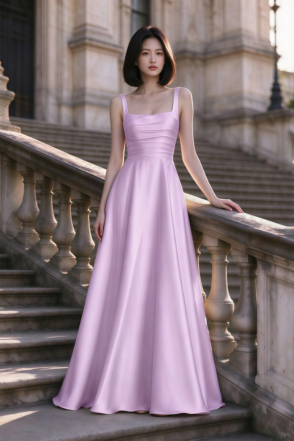 Outdoor front view of Becky lilac satin maxi dress on stone steps with a floor-length A-line skirt