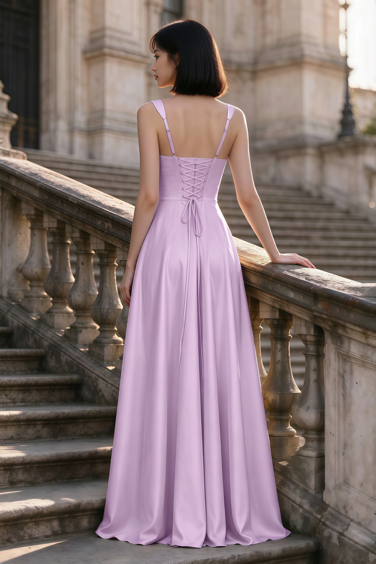 Outdoor rear view of Becky lilac satin maxi dress showing adjustable straps and the lace-up back