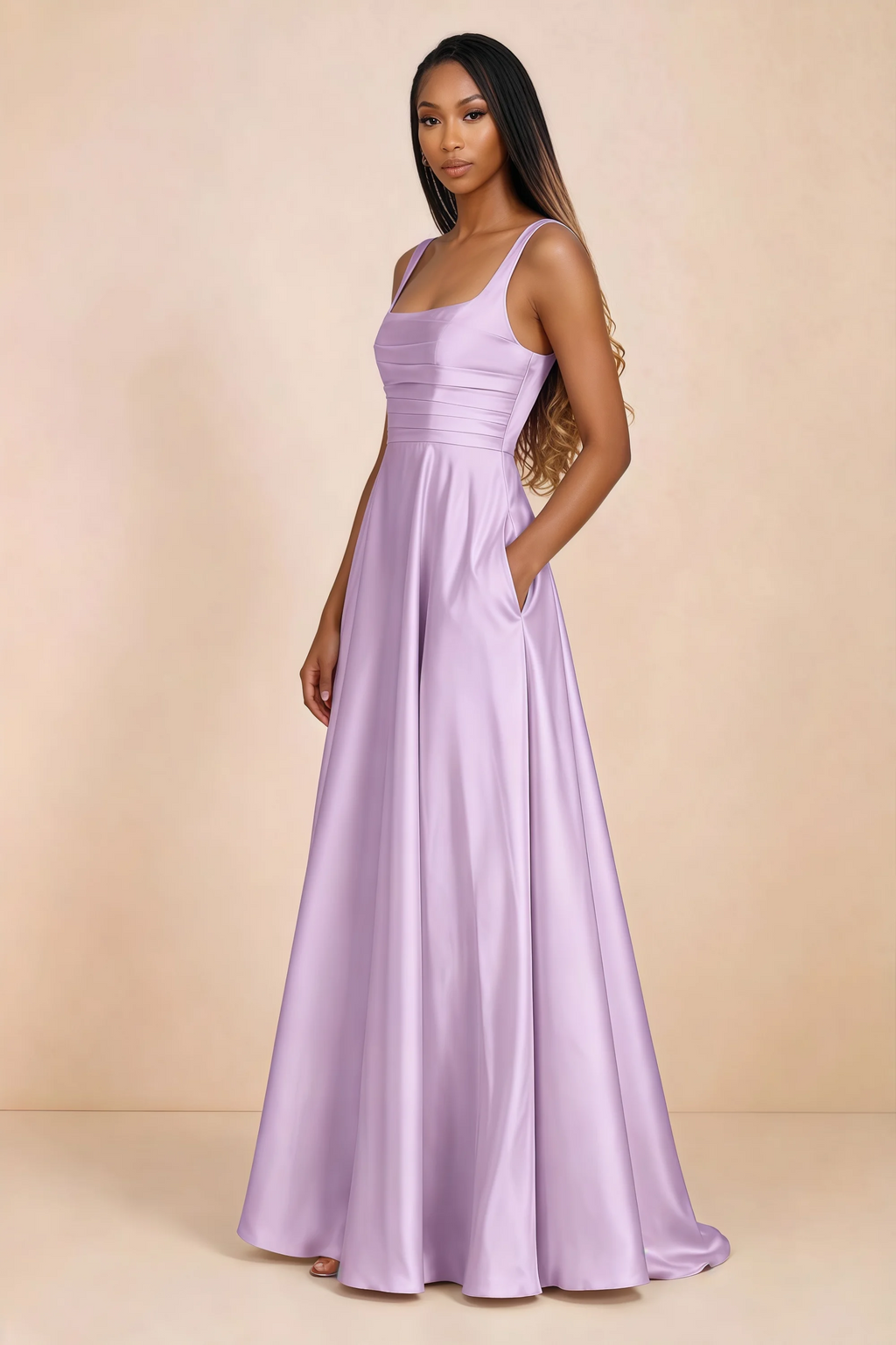 Three-quarter studio view of Becky lilac satin maxi dress with a hand resting in the side pocket