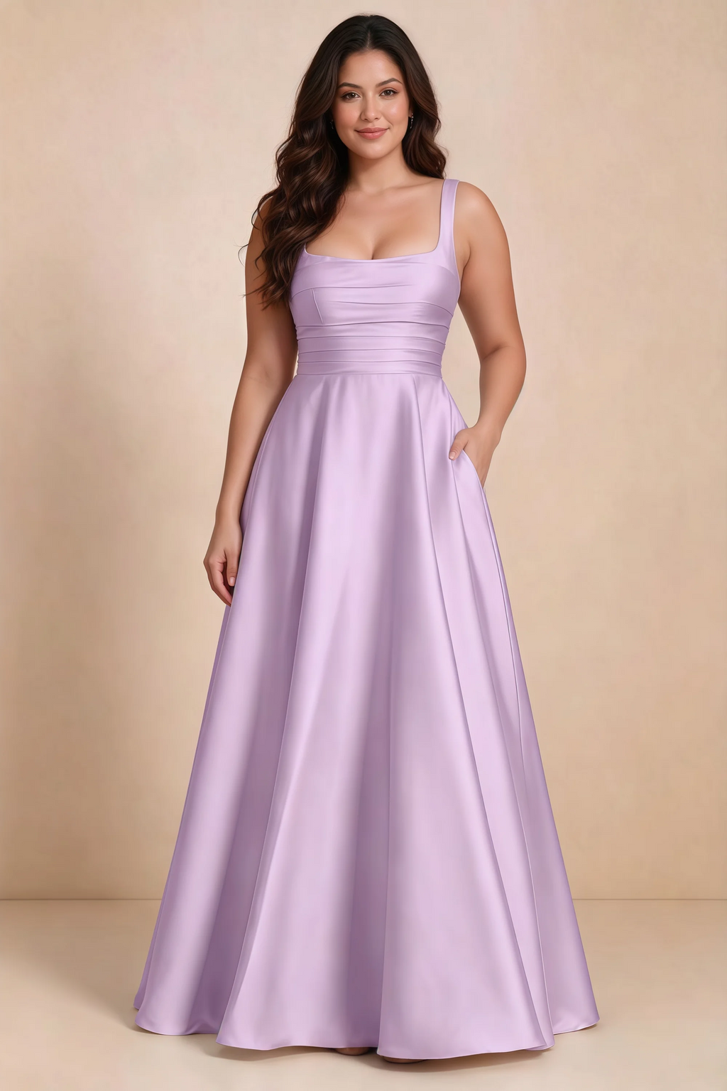 Front studio view of Becky lilac satin maxi dress showing the defined waist and flowing skirt