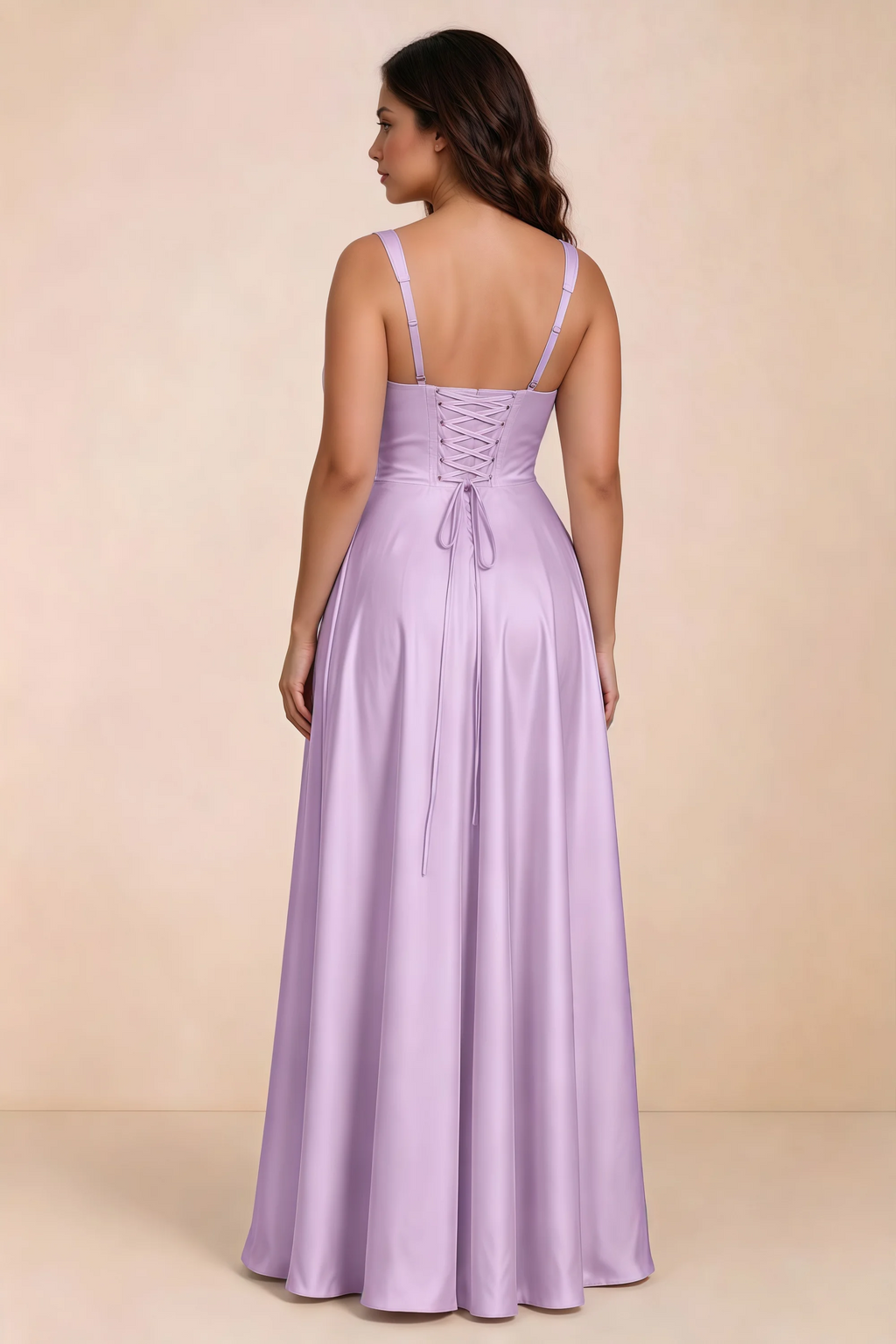 Rear studio view of Becky lilac satin maxi dress showing crossed back lacing above the full skirt