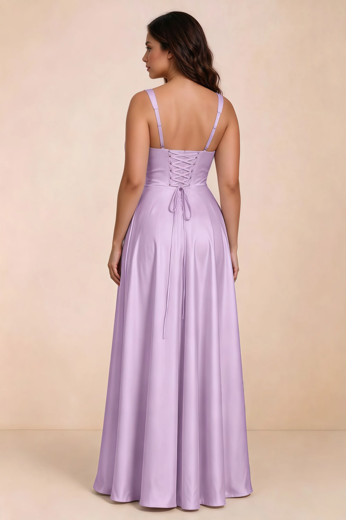Rear studio view of Becky lilac satin maxi dress showing crossed back lacing above the full skirt