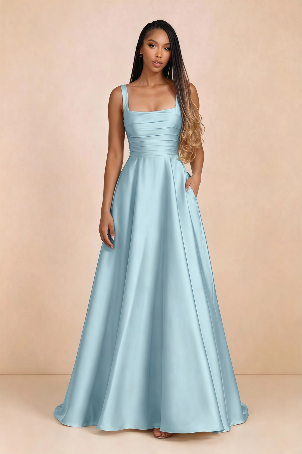 Front studio view of Becky mist satin maxi dress showing the square neckline, pleated bodice and full A-line skirt