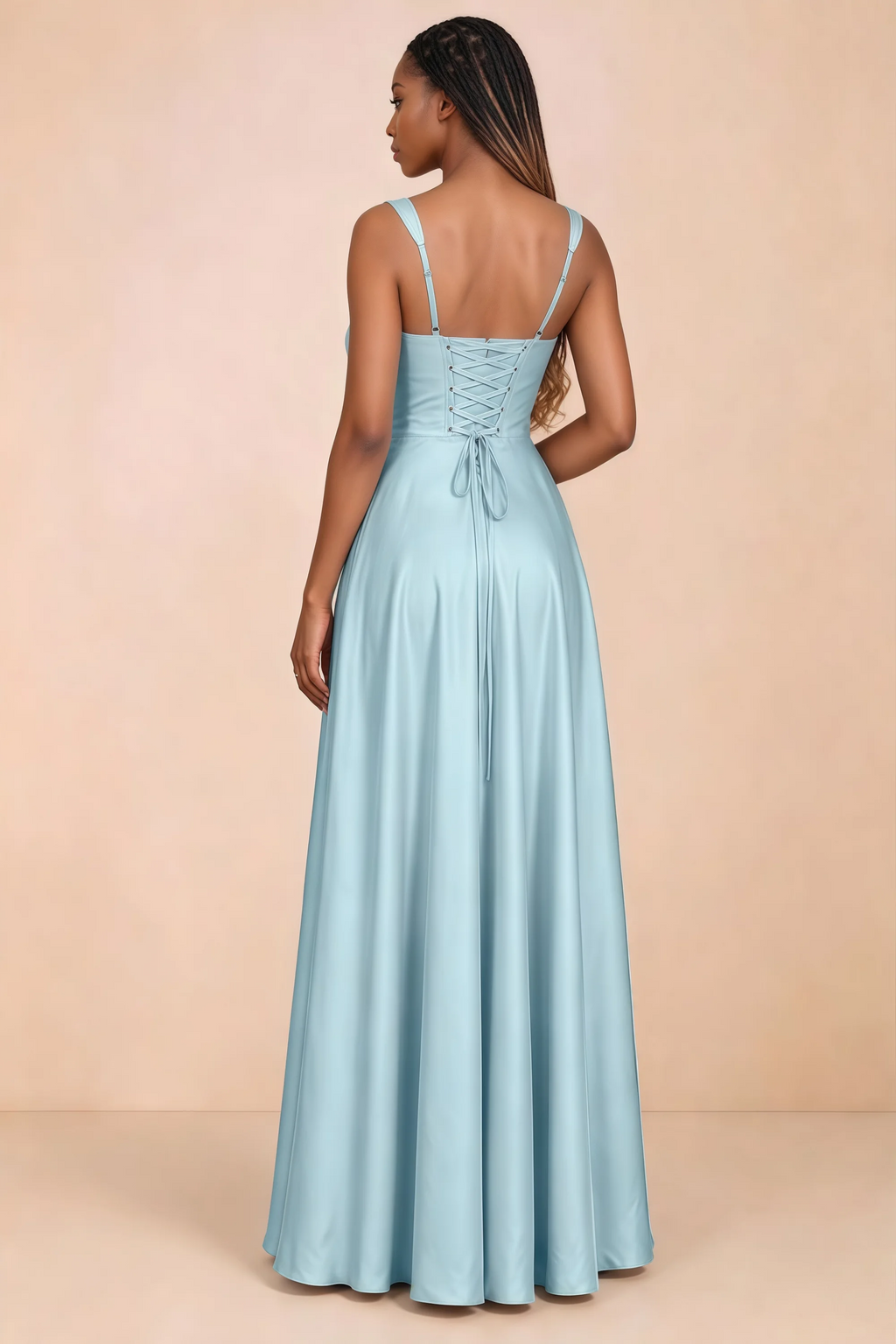 Back studio view of Becky mist satin maxi dress showing shoulder straps and waist-length lacing