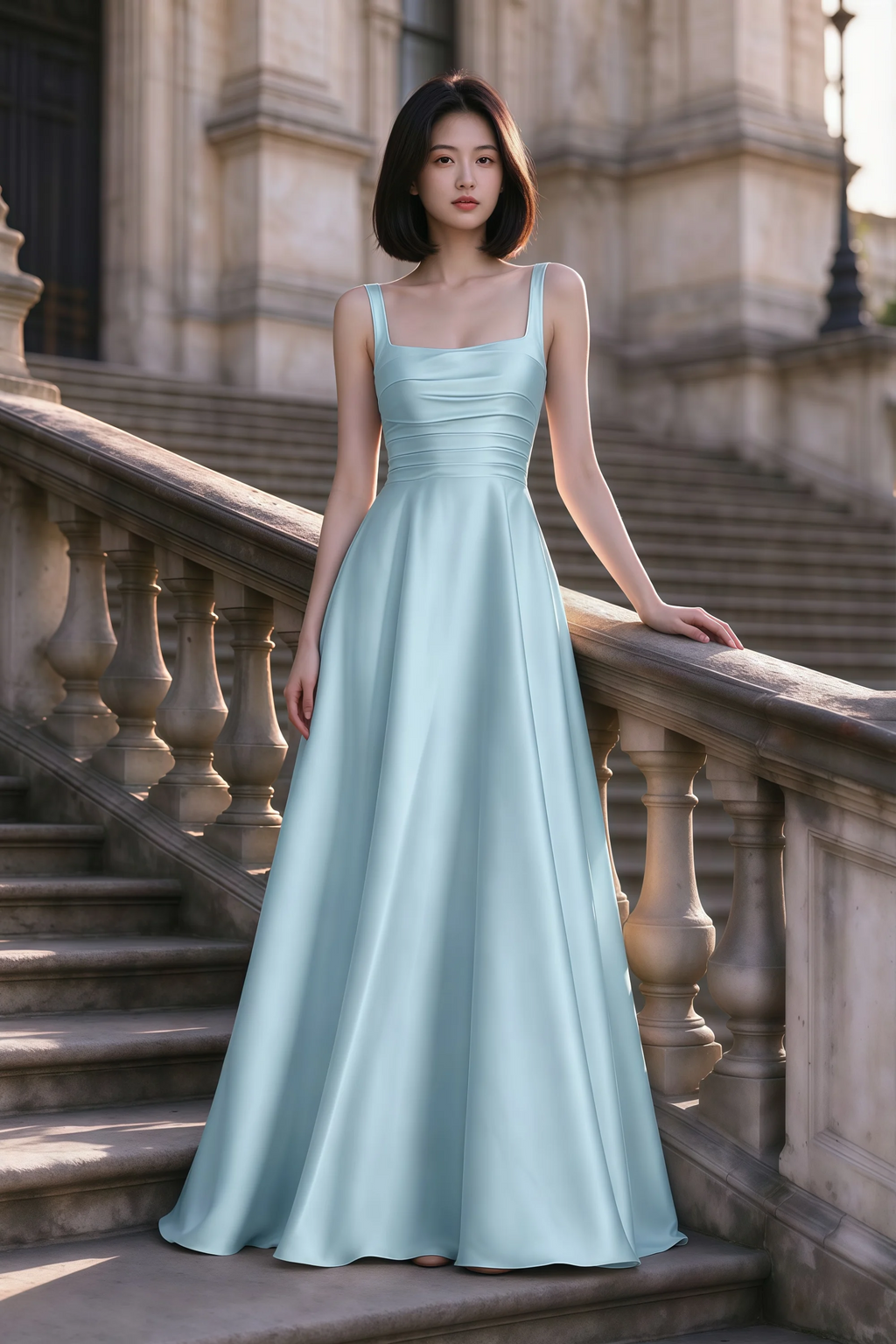 Outdoor front view of Becky mist satin maxi dress on stone steps with a floor-length A-line skirt