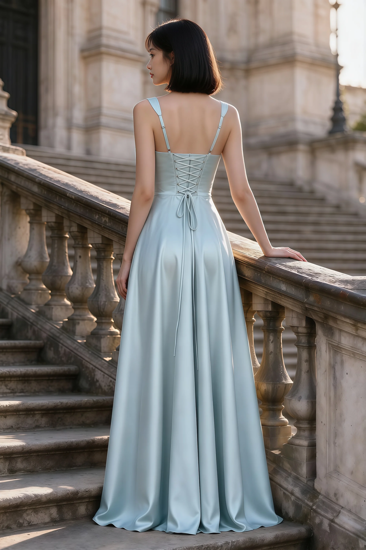 Outdoor rear view of Becky mist satin maxi dress showing adjustable straps and the lace-up back