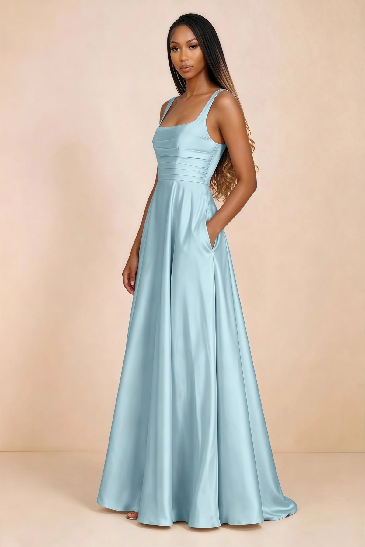 Three-quarter studio view of Becky mist satin maxi dress with a hand resting in the side pocket