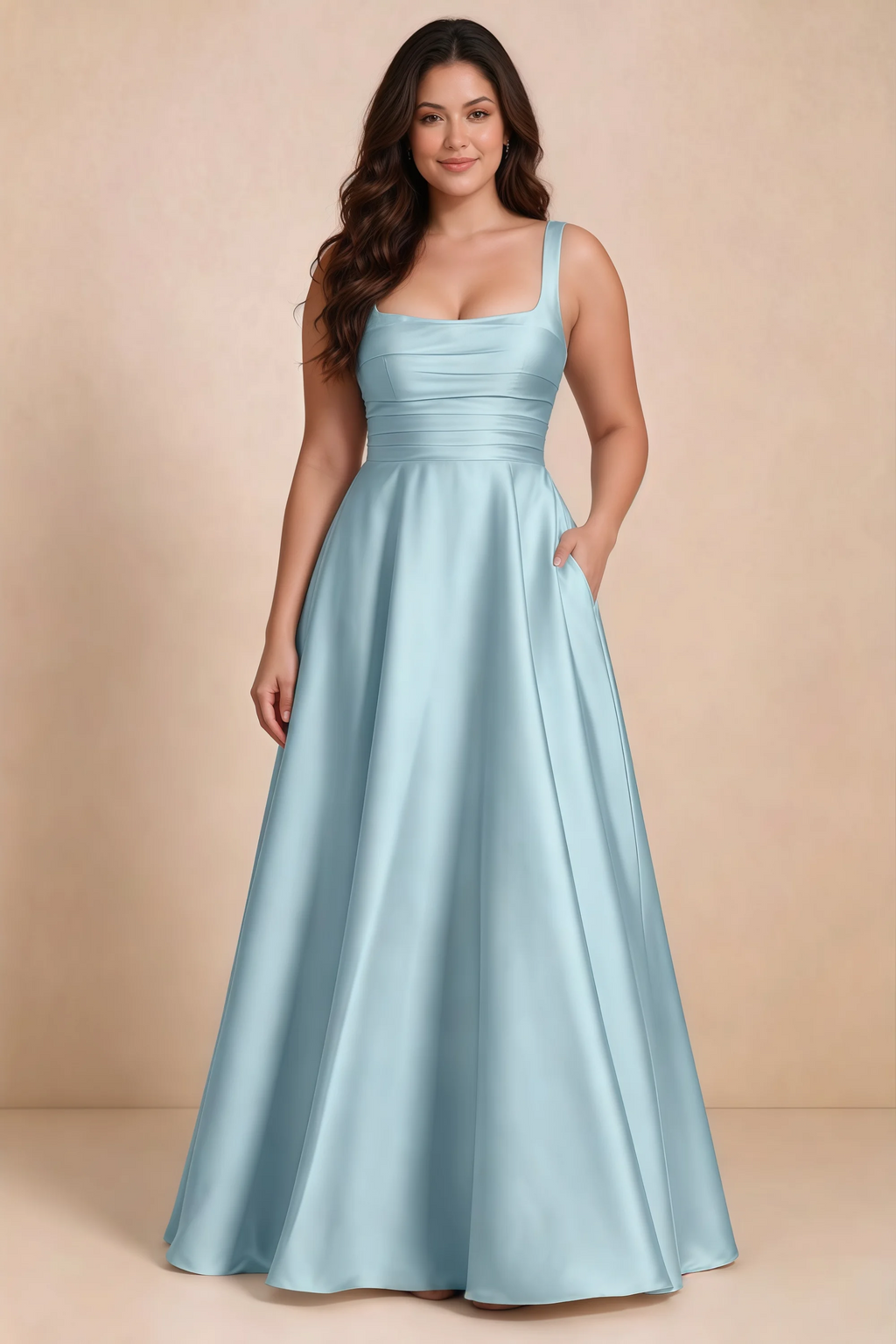 Front studio view of Becky mist satin maxi dress showing the defined waist and flowing skirt