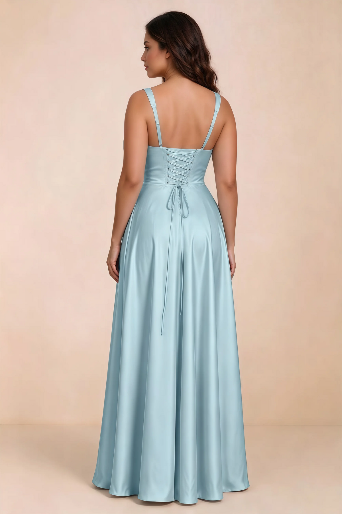 Rear studio view of Becky mist satin maxi dress showing crossed back lacing above the full skirt