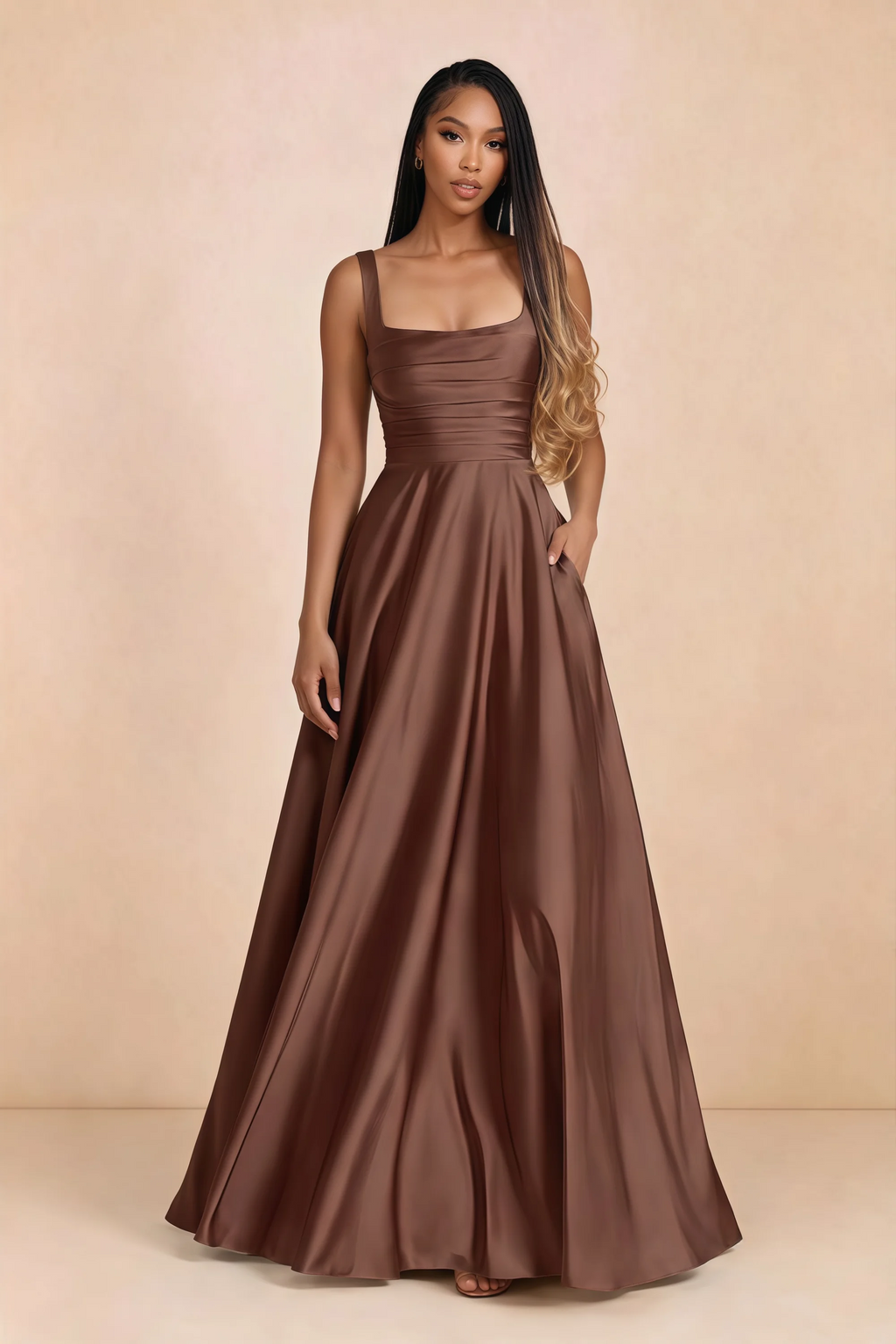 Front studio view of Becky mocha satin maxi dress showing the square neckline, pleated bodice and full A-line skirt