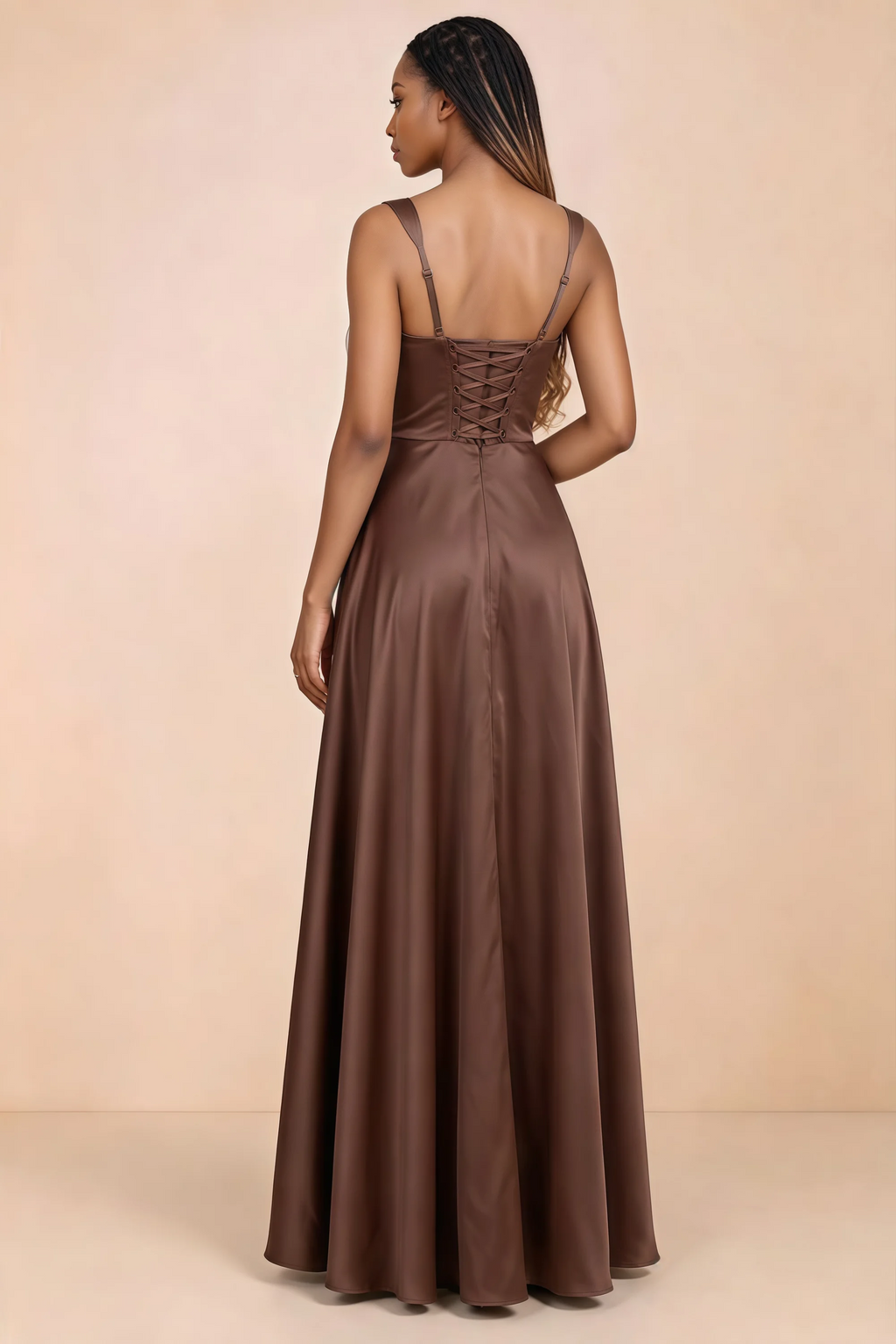 Back studio view of Becky mocha satin maxi dress showing shoulder straps and waist-length lacing