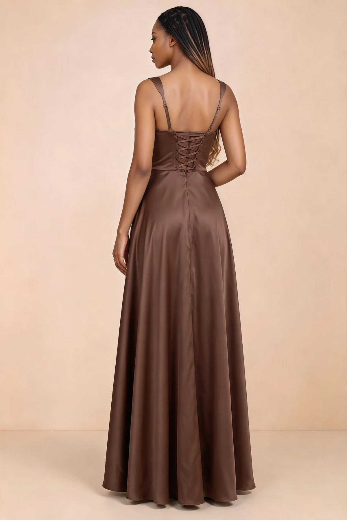 Back studio view of Becky mocha satin maxi dress showing shoulder straps and waist-length lacing