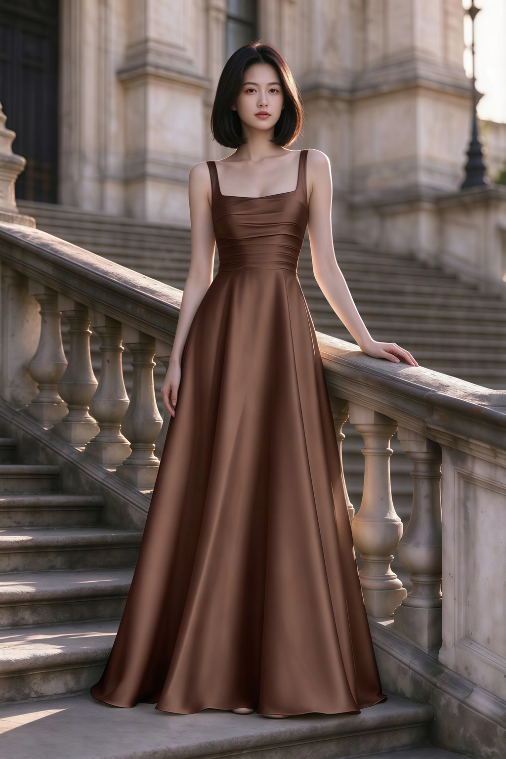 Outdoor front view of Becky mocha satin maxi dress on stone steps with a floor-length A-line skirt