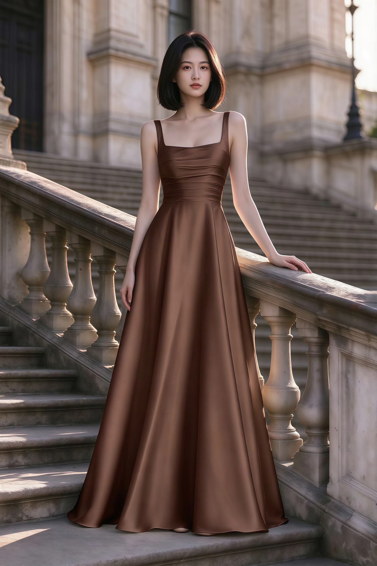 Outdoor front view of Becky mocha satin maxi dress on stone steps with a floor-length A-line skirt
