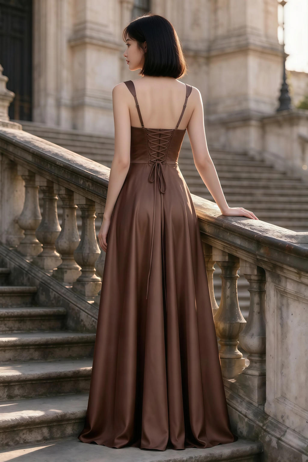 Outdoor rear view of Becky mocha satin maxi dress showing adjustable straps and the lace-up back