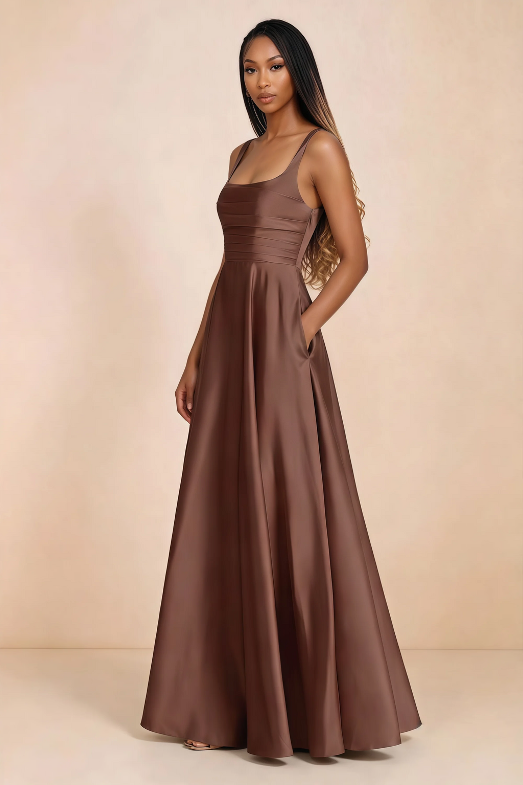 Three-quarter studio view of Becky mocha satin maxi dress with a hand resting in the side pocket