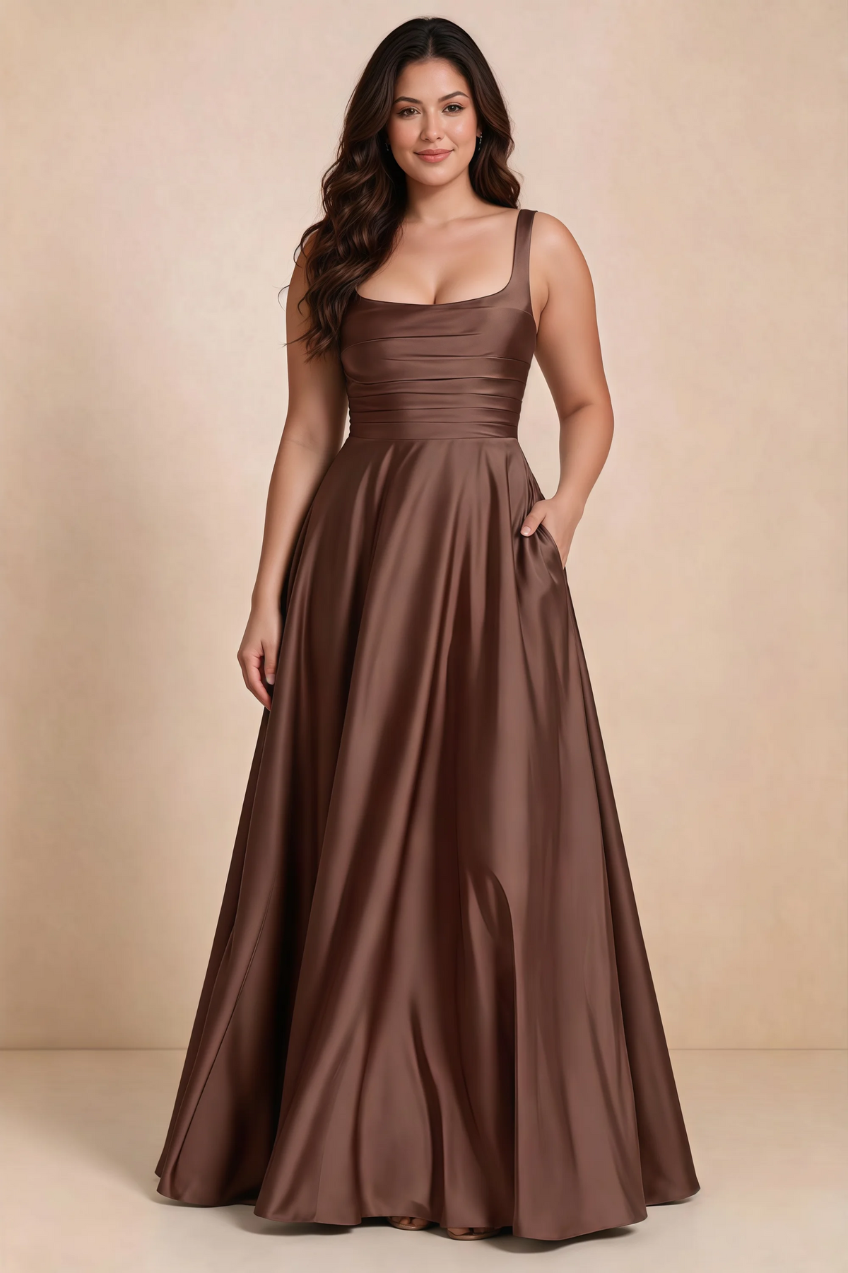 Front studio view of Becky mocha satin maxi dress showing the defined waist and flowing skirt
