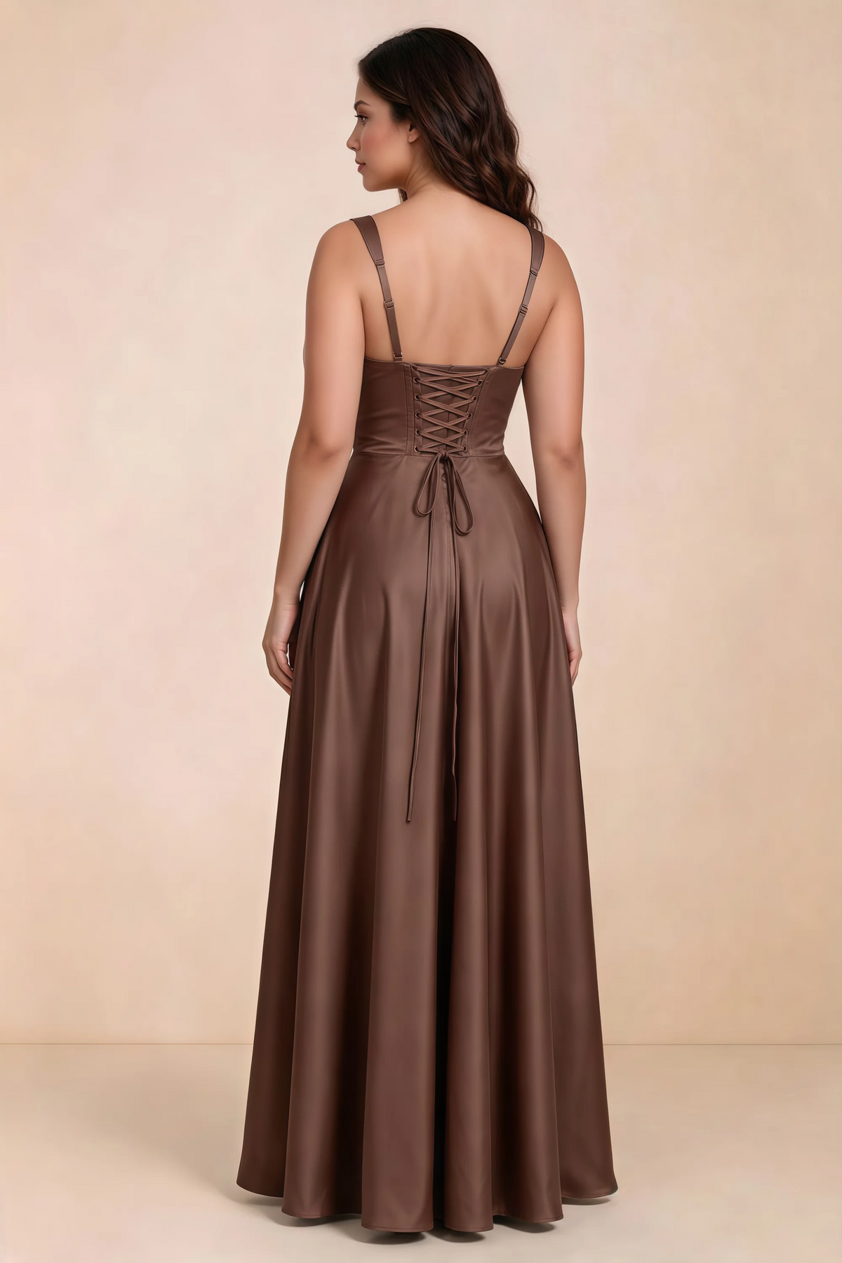Rear studio view of Becky mocha satin maxi dress showing crossed back lacing above the full skirt