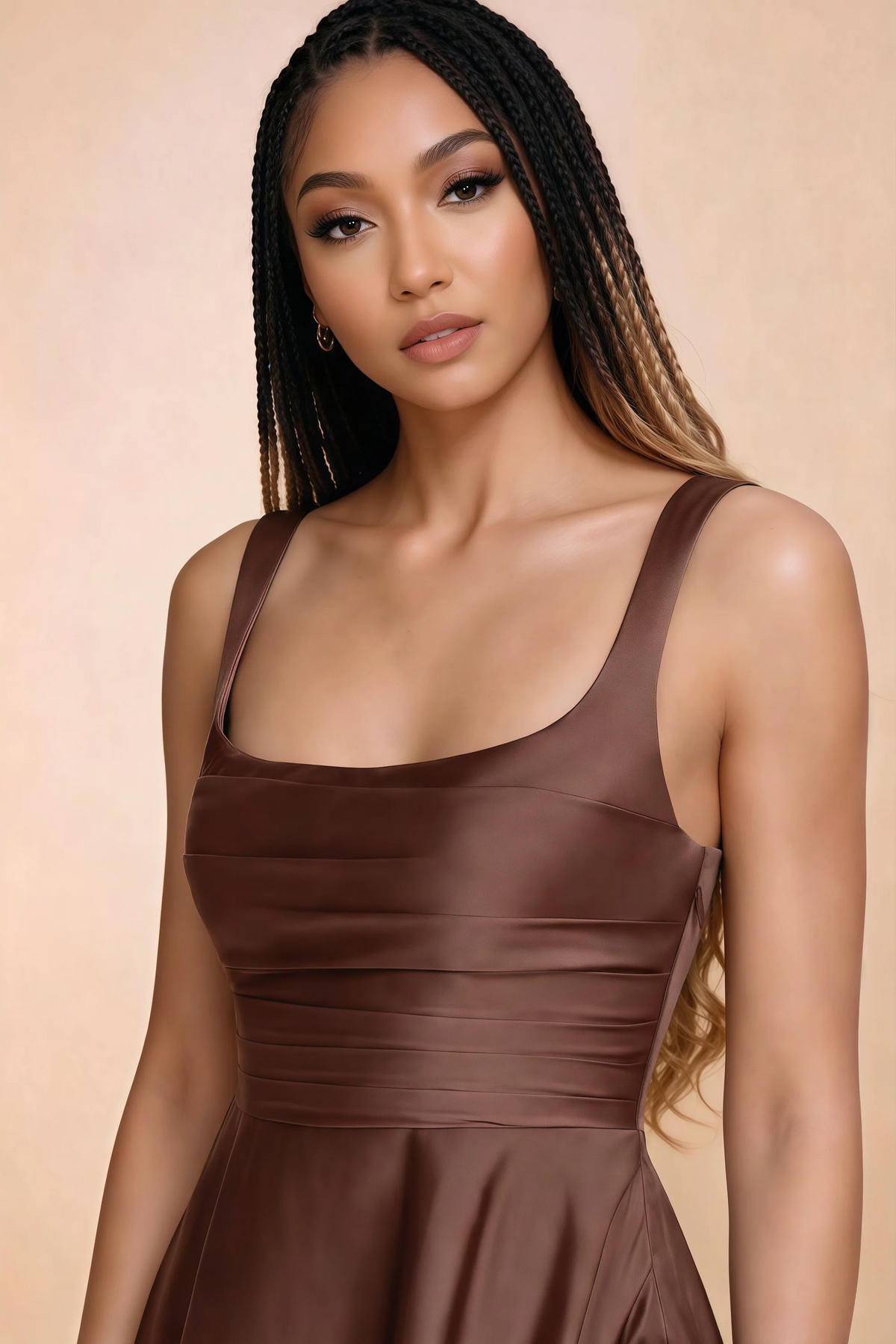 Close-up of Becky mocha square neckline, shoulder straps and horizontal bodice pleats