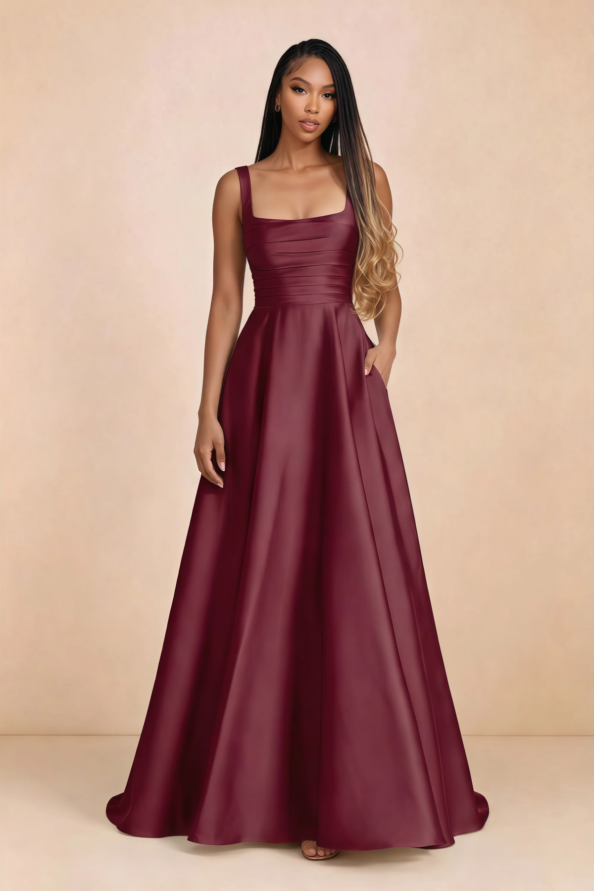Front studio view of Becky mulberry satin maxi dress showing the square neckline, pleated bodice and full A-line skirt