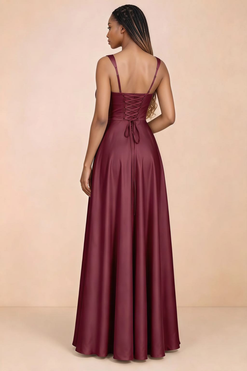 Back studio view of Becky mulberry satin maxi dress showing shoulder straps and waist-length lacing