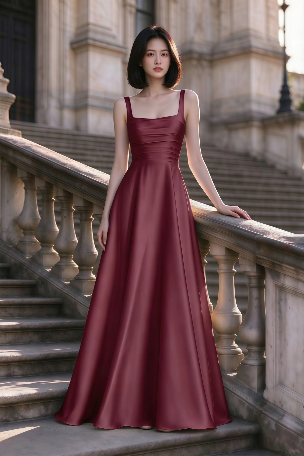 Outdoor front view of Becky mulberry satin maxi dress on stone steps with a floor-length A-line skirt