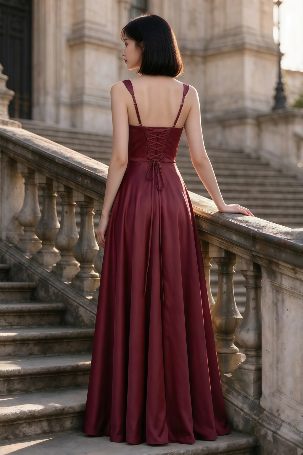 Outdoor rear view of Becky mulberry satin maxi dress showing adjustable straps and the lace-up back