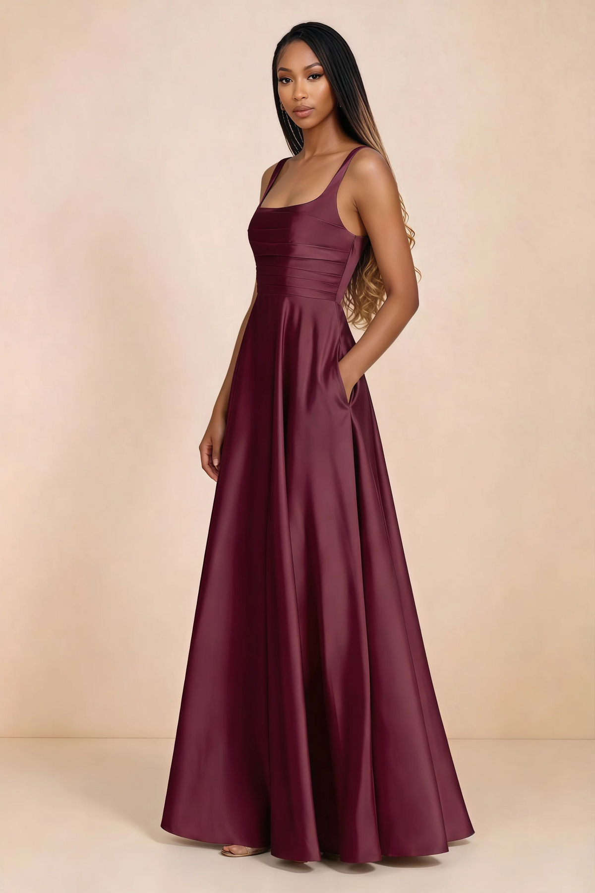 Three-quarter studio view of Becky mulberry satin maxi dress with a hand resting in the side pocket