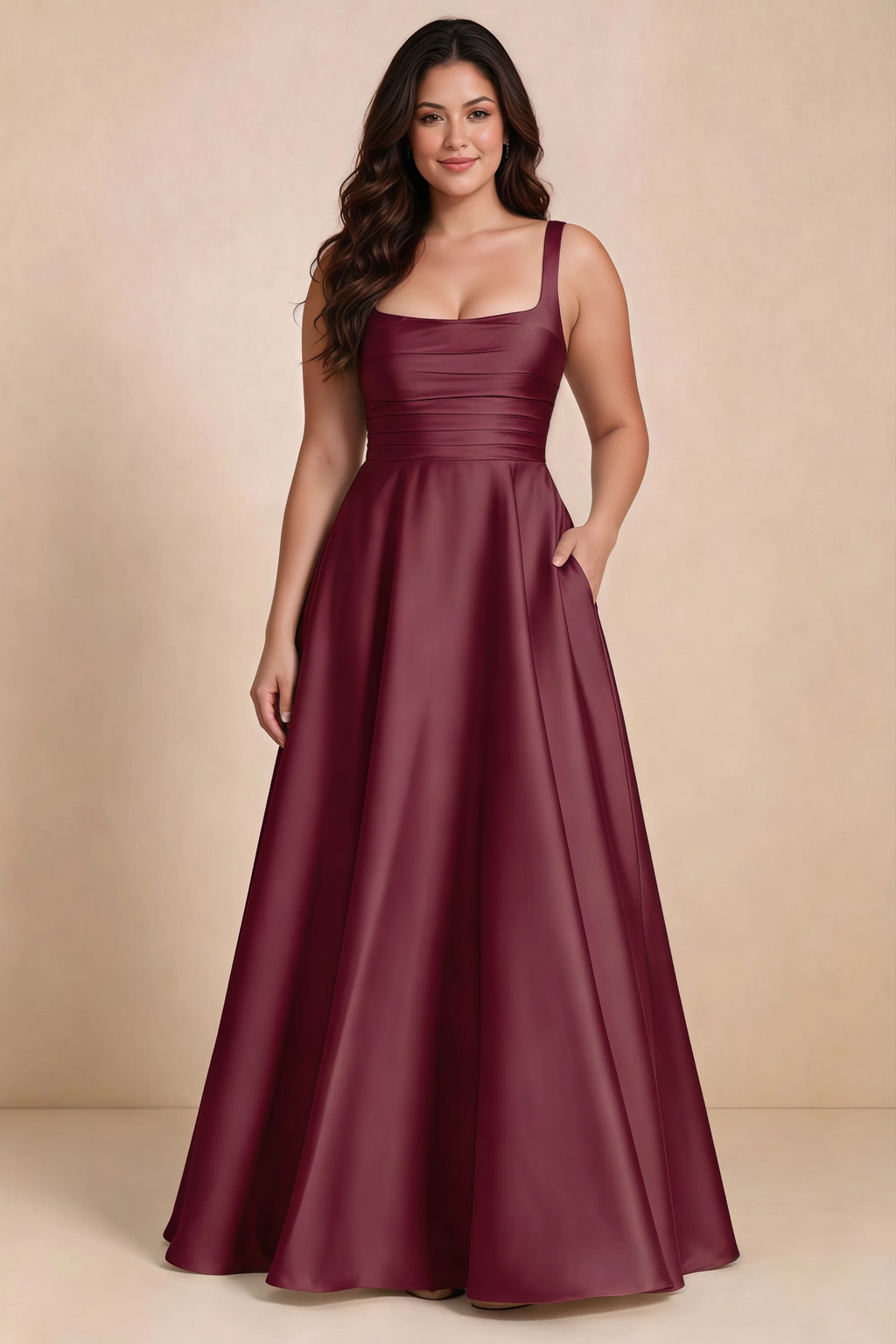 Front studio view of Becky mulberry satin maxi dress showing the defined waist and flowing skirt