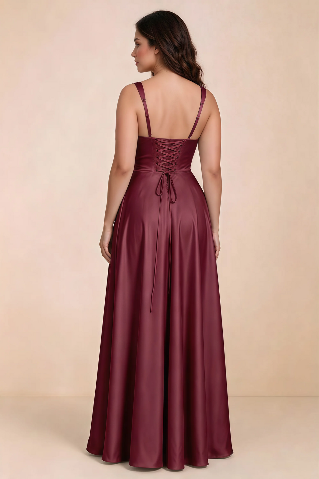 Rear studio view of Becky mulberry satin maxi dress showing crossed back lacing above the full skirt