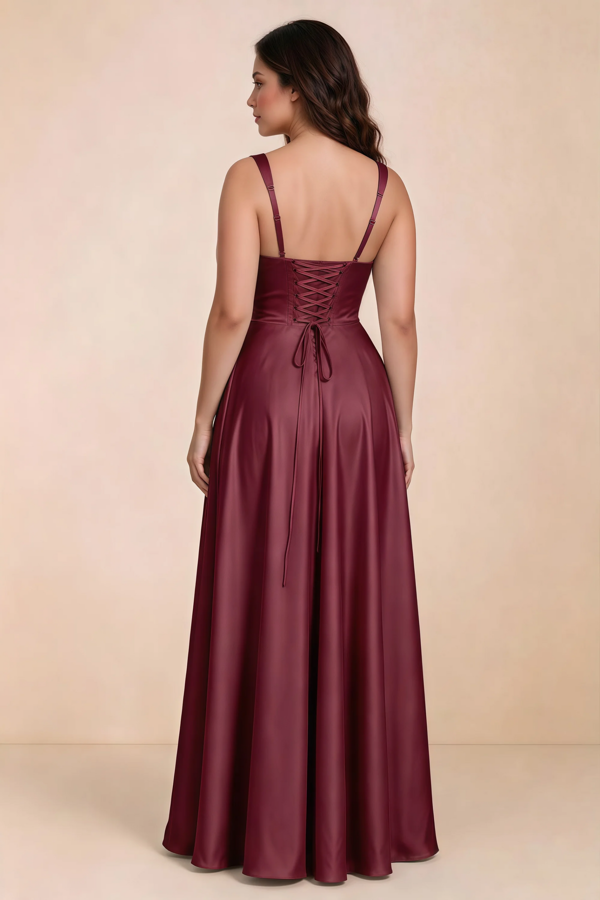 Rear studio view of Becky mulberry satin maxi dress showing crossed back lacing above the full skirt